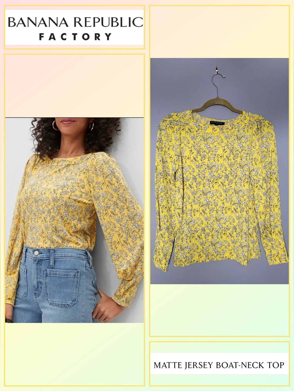 Banana Republic Factory Size XS Yellow Floral Boat-Neck Top Lightweight Jersey